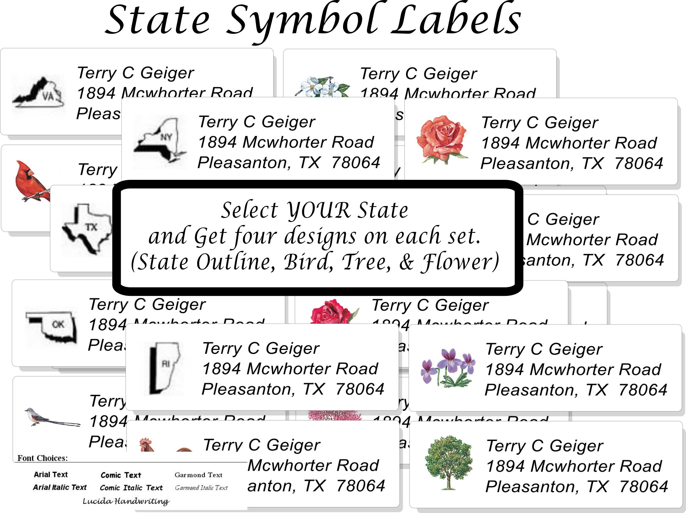 USA STATE: Bird, Flower, Tree, and Outline Sheet Labels
